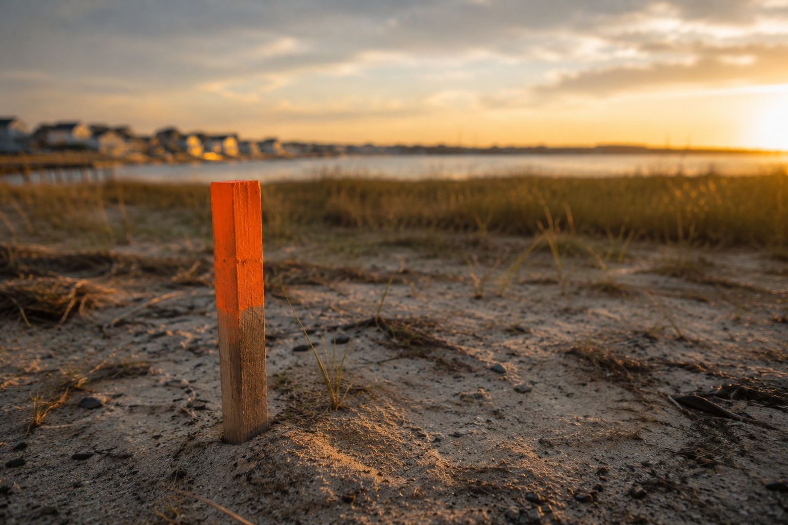 Orange survey stake marking a vacant lot at sunset near the New Jersey coast